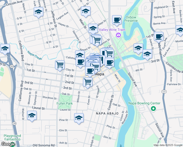 map of restaurants, bars, coffee shops, grocery stores, and more near in Napa