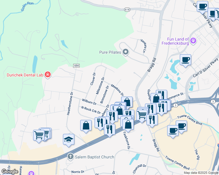 map of restaurants, bars, coffee shops, grocery stores, and more near 1419 Brimstone Drive in Fredericksburg