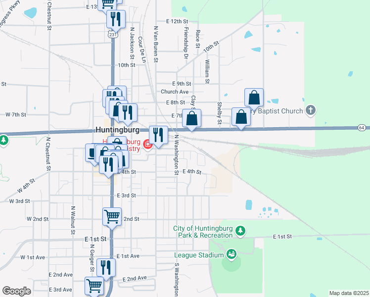 map of restaurants, bars, coffee shops, grocery stores, and more near 706 East 5th Street in Huntingburg