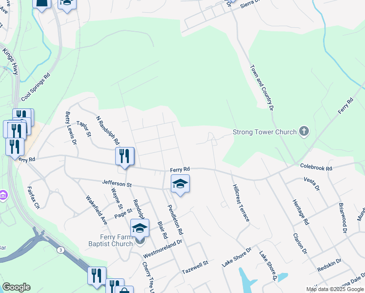 map of restaurants, bars, coffee shops, grocery stores, and more near 11 Braddock Drive in Fredericksburg