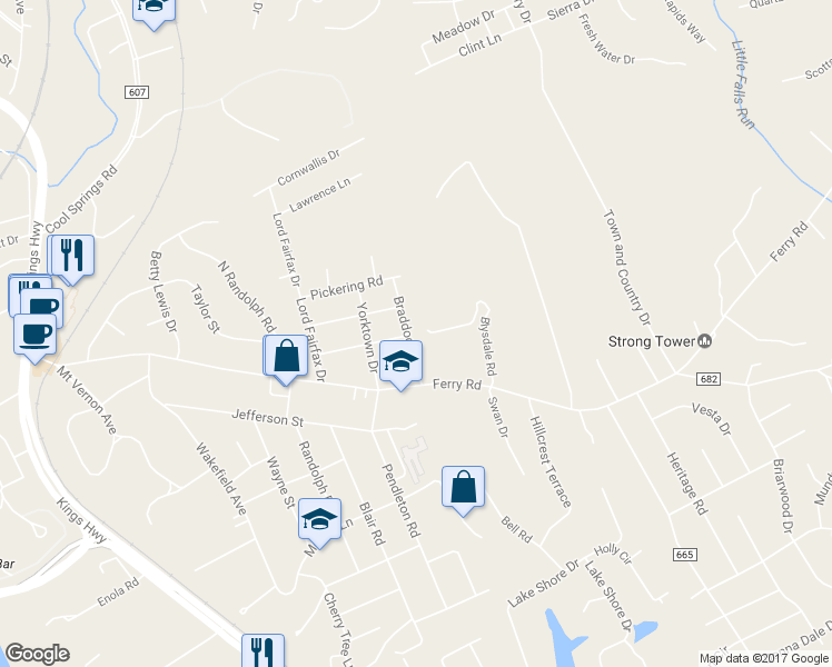 map of restaurants, bars, coffee shops, grocery stores, and more near 11 Braddock Drive in Fredericksburg