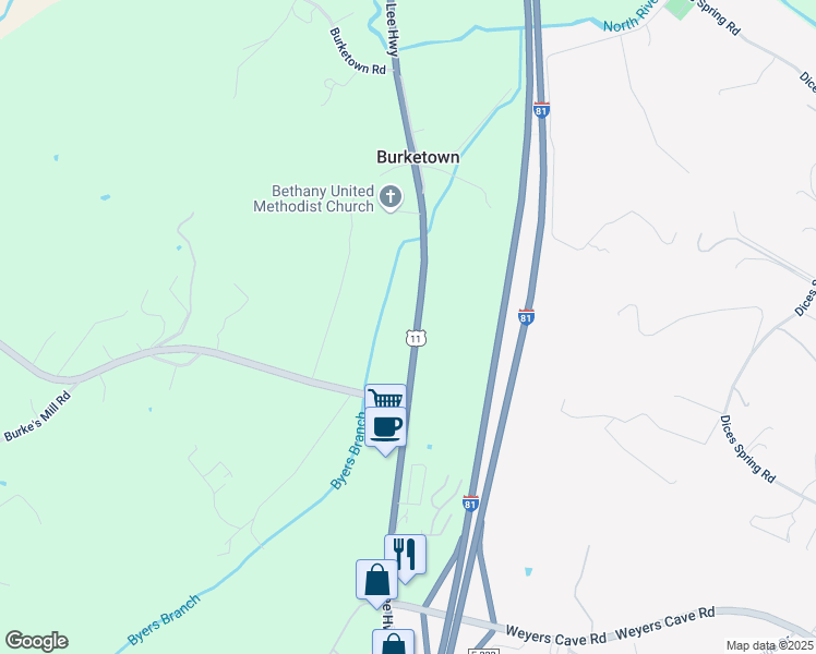 map of restaurants, bars, coffee shops, grocery stores, and more near 3612 Lee Highway in Weyers Cave