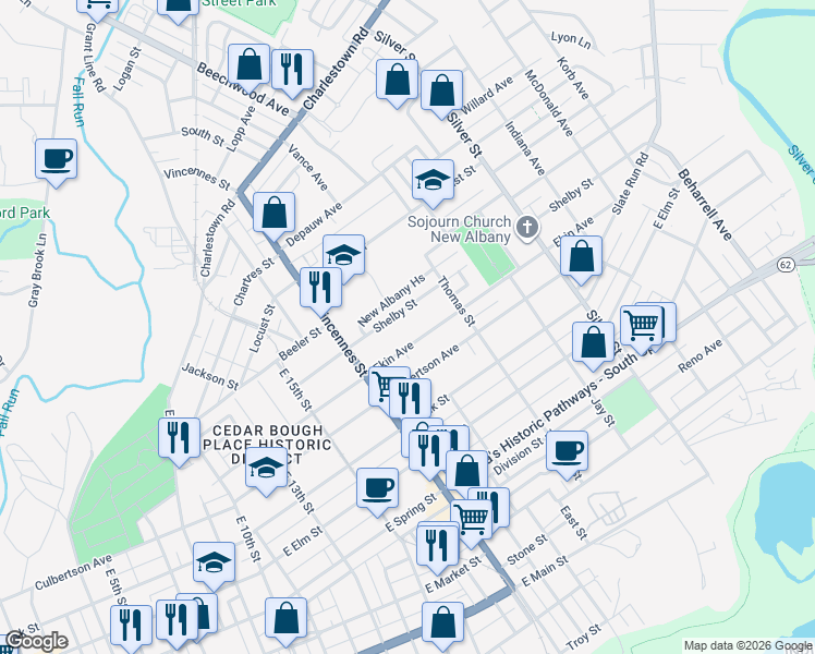 map of restaurants, bars, coffee shops, grocery stores, and more near 1748 Shelby Street in New Albany