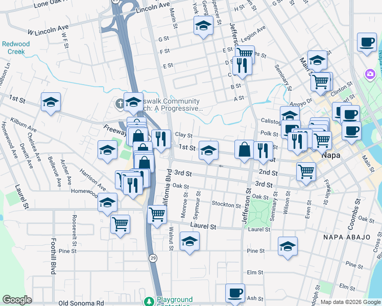 map of restaurants, bars, coffee shops, grocery stores, and more near 2252 1st Street in Napa