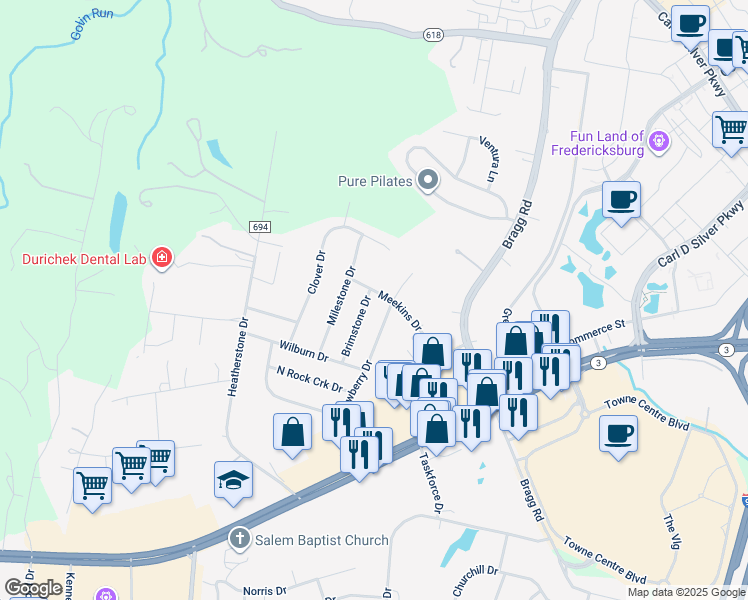 map of restaurants, bars, coffee shops, grocery stores, and more near 1419 Brimstone Drive in Fredericksburg