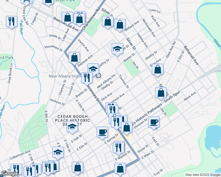 map of restaurants, bars, coffee shops, grocery stores, and more near 1748 Shelby Street in New Albany