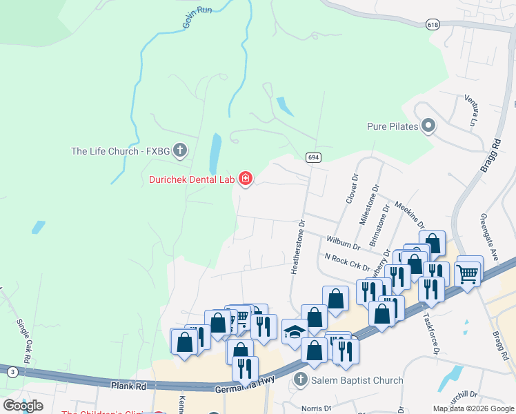 map of restaurants, bars, coffee shops, grocery stores, and more near 4023 Duke Of Gloucester Street in Fredericksburg
