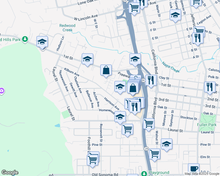map of restaurants, bars, coffee shops, grocery stores, and more near 116 Valley Oak Drive in Napa