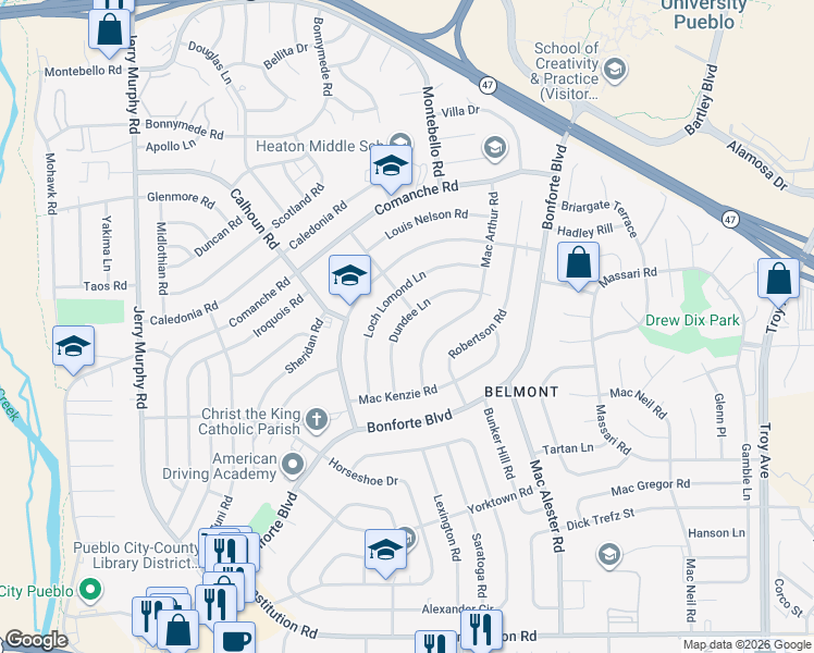 map of restaurants, bars, coffee shops, grocery stores, and more near 38 Dundee Lane in Pueblo