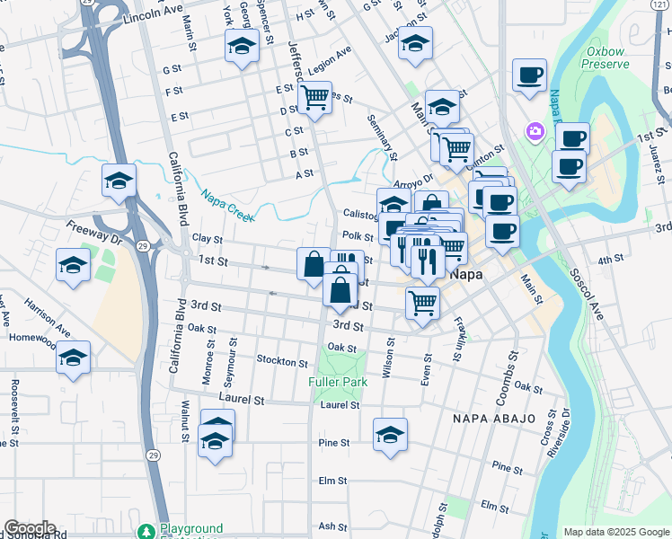 map of restaurants, bars, coffee shops, grocery stores, and more near 1750 1st Street in Napa