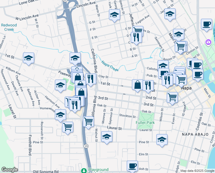 map of restaurants, bars, coffee shops, grocery stores, and more near 2252 1st Street in Napa