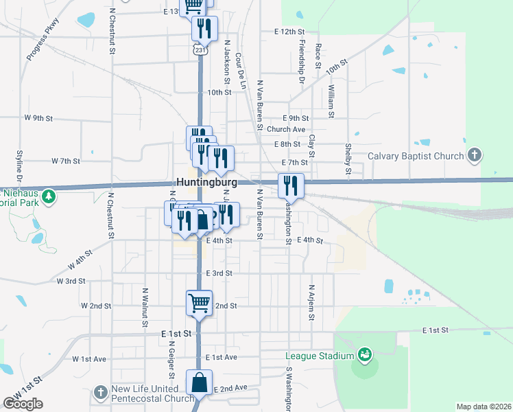 map of restaurants, bars, coffee shops, grocery stores, and more near 504 N Van Buren St in Huntingburg
