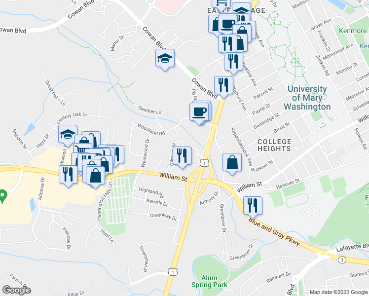 map of restaurants, bars, coffee shops, grocery stores, and more near 1107 Nolan Street in Fredericksburg