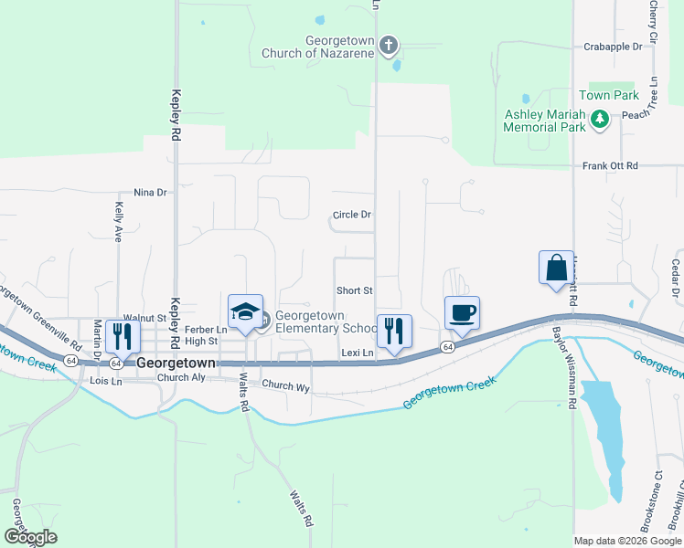 map of restaurants, bars, coffee shops, grocery stores, and more near 8210 Sara Lane in Georgetown