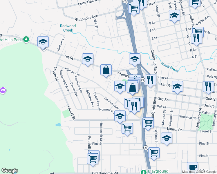map of restaurants, bars, coffee shops, grocery stores, and more near 110 Valley Oak Drive in Napa
