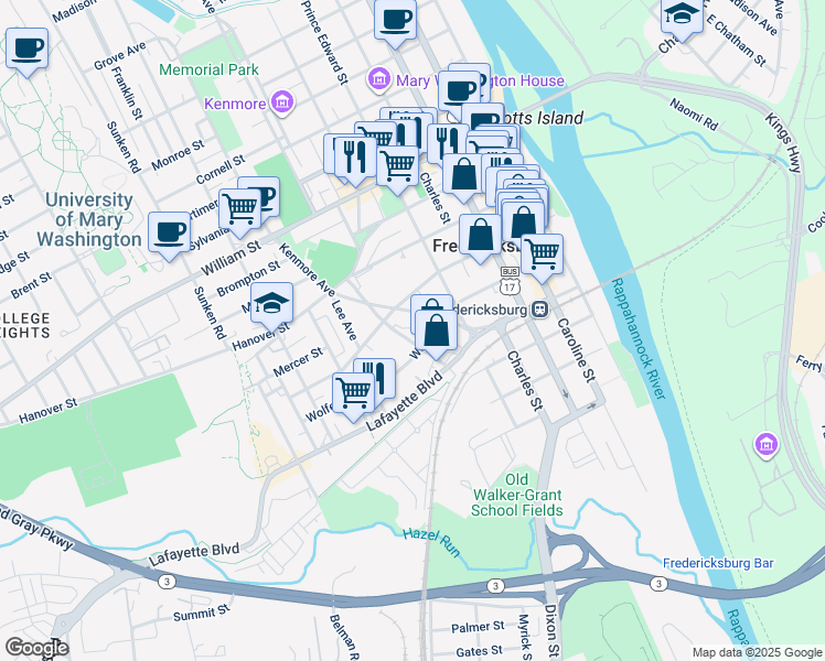 map of restaurants, bars, coffee shops, grocery stores, and more near 613 Jackson Street in Fredericksburg