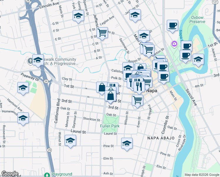 map of restaurants, bars, coffee shops, grocery stores, and more near 1750 1st Street in Napa