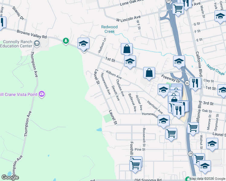 map of restaurants, bars, coffee shops, grocery stores, and more near 129 Dewitt Avenue in Napa
