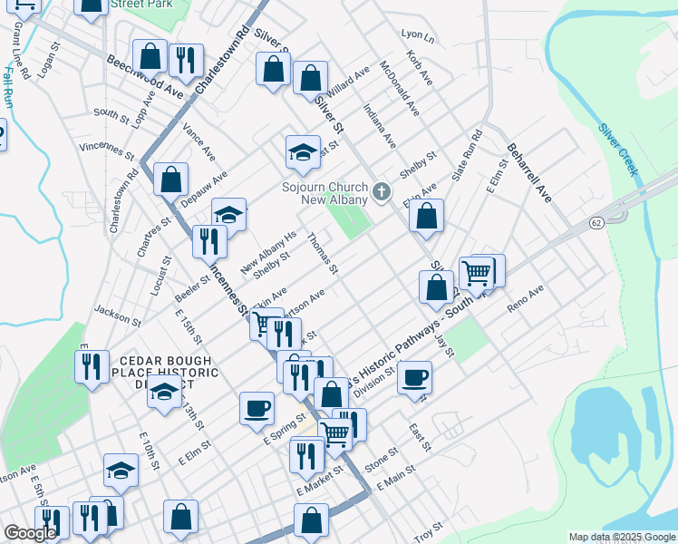 map of restaurants, bars, coffee shops, grocery stores, and more near 1902 Ekin Avenue in New Albany