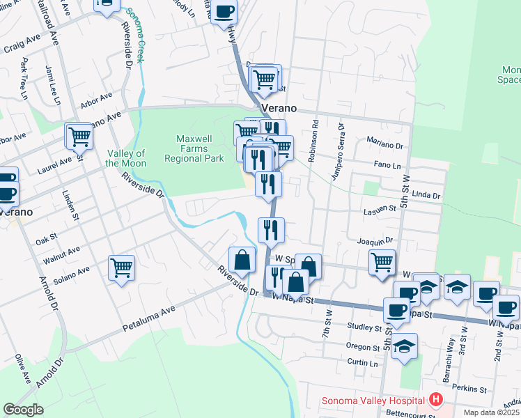 map of restaurants, bars, coffee shops, grocery stores, and more near 19323 California 12 in Sonoma