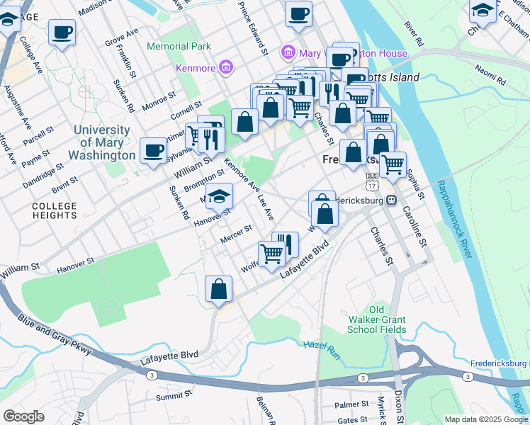 map of restaurants, bars, coffee shops, grocery stores, and more near 716 Lee Avenue in Fredericksburg