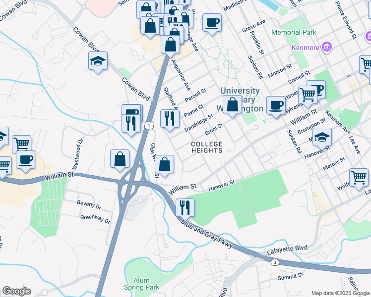 map of restaurants, bars, coffee shops, grocery stores, and more near 1416 Brent Street in Fredericksburg