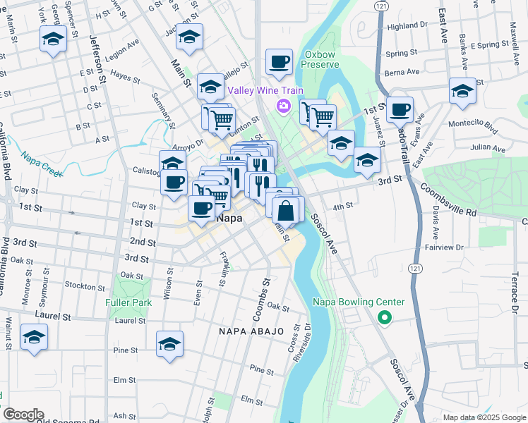 map of restaurants, bars, coffee shops, grocery stores, and more near 807 Main Street in Napa