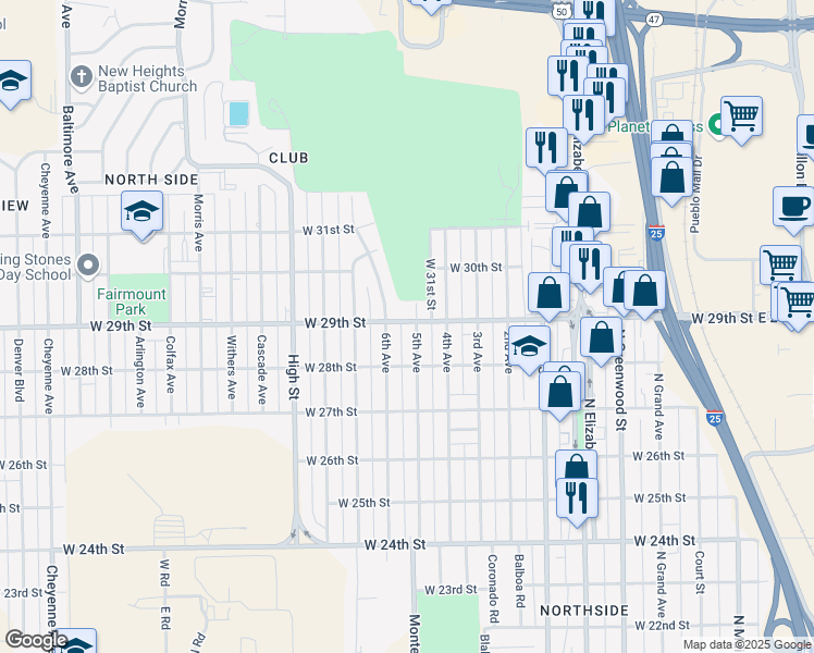 map of restaurants, bars, coffee shops, grocery stores, and more near 1104 West 29th Street in Pueblo