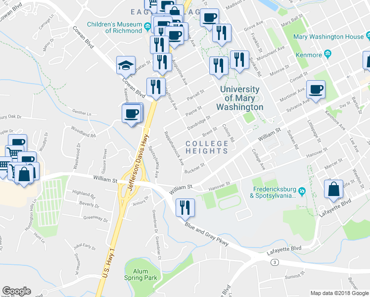 map of restaurants, bars, coffee shops, grocery stores, and more near 1416 Brent Street in Fredericksburg