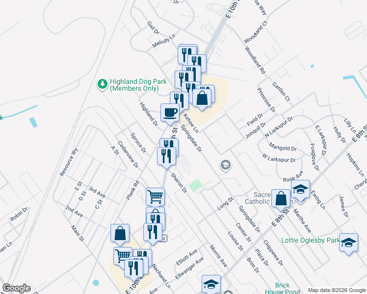 map of restaurants, bars, coffee shops, grocery stores, and more near 1640 East 10th Street in Jeffersonville