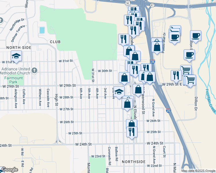map of restaurants, bars, coffee shops, grocery stores, and more near 802 West 29th Street in Pueblo