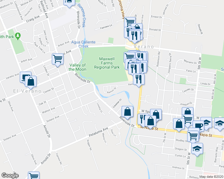 map of restaurants, bars, coffee shops, grocery stores, and more near 70 Ramon Street in Sonoma