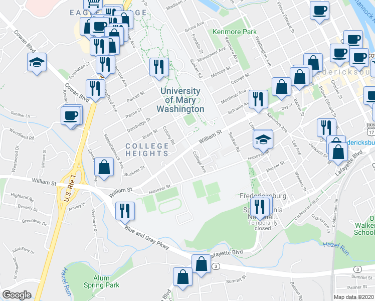 map of restaurants, bars, coffee shops, grocery stores, and more near 1208 William Street in Fredericksburg