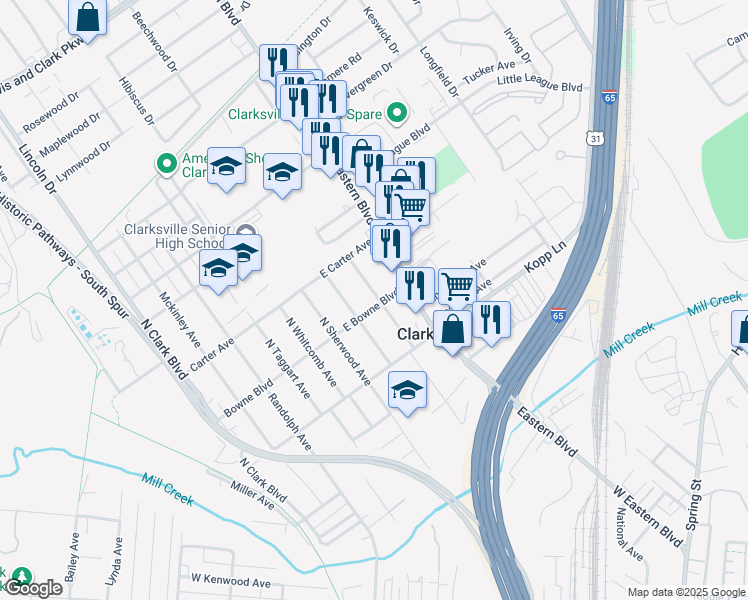 map of restaurants, bars, coffee shops, grocery stores, and more near 225 East Bowne Boulevard in Clarksville