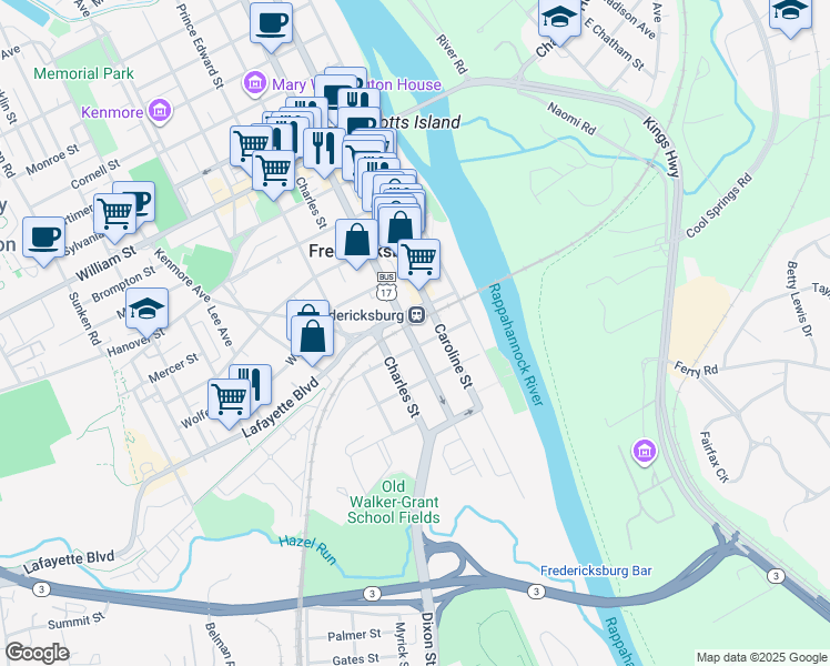 map of restaurants, bars, coffee shops, grocery stores, and more near 411 Princess Anne Street in Fredericksburg