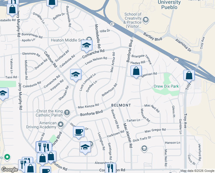 map of restaurants, bars, coffee shops, grocery stores, and more near 23 Robertson Road in Pueblo