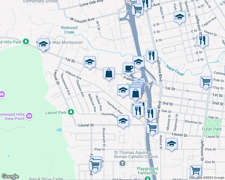 map of restaurants, bars, coffee shops, grocery stores, and more near 120 Valley Oak Drive in Napa