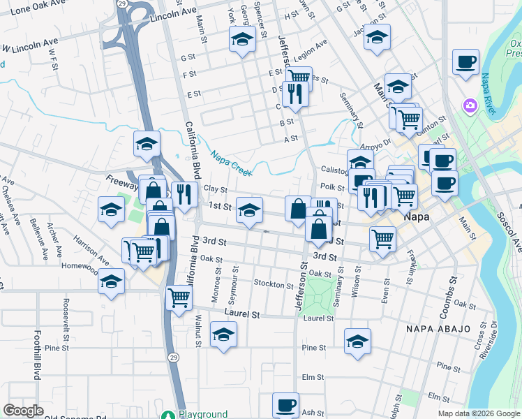 map of restaurants, bars, coffee shops, grocery stores, and more near 2126 1st Street in Napa