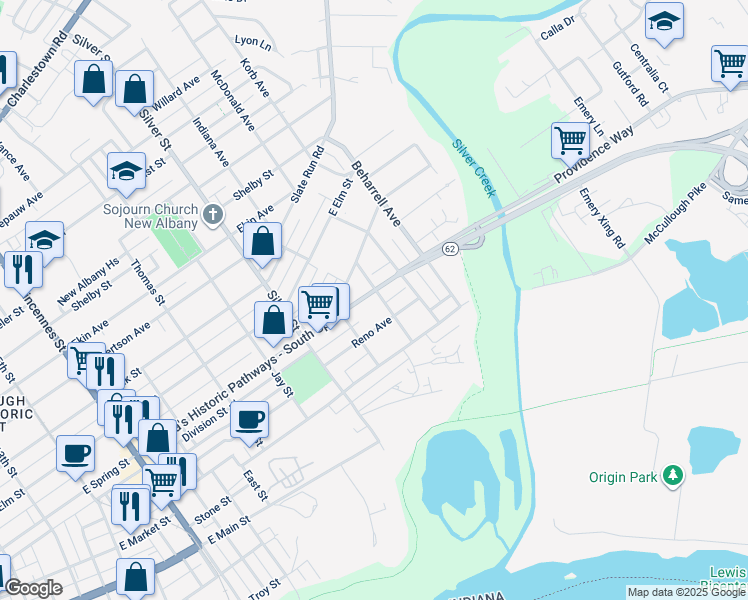 map of restaurants, bars, coffee shops, grocery stores, and more near 2224 East Spring Street in New Albany