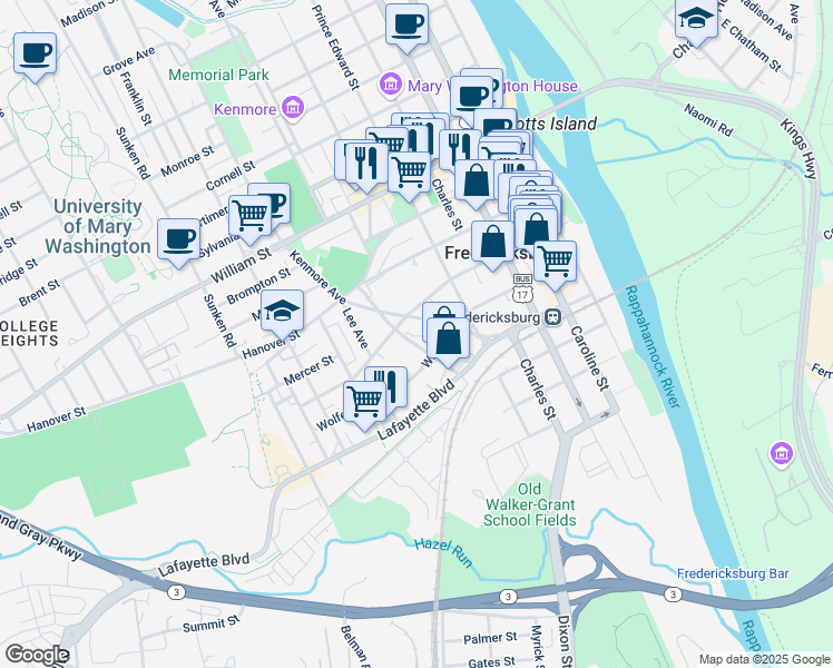 map of restaurants, bars, coffee shops, grocery stores, and more near 621 Jackson Street in Fredericksburg