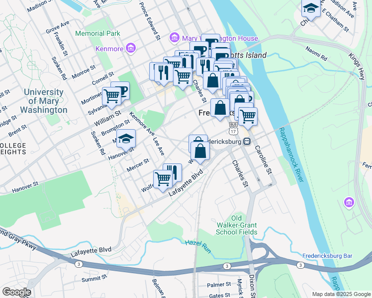 map of restaurants, bars, coffee shops, grocery stores, and more near 621 Jackson Street in Fredericksburg