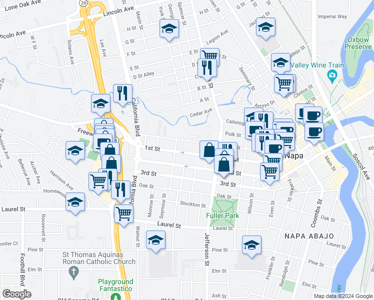 map of restaurants, bars, coffee shops, grocery stores, and more near 2048 1st Street in Napa