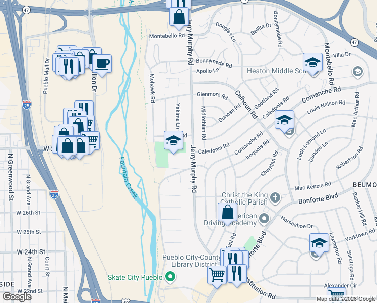 map of restaurants, bars, coffee shops, grocery stores, and more near 1731 Jerry Murphy Road in Pueblo