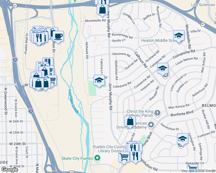 map of restaurants, bars, coffee shops, grocery stores, and more near 1731 Jerry Murphy Road in Pueblo
