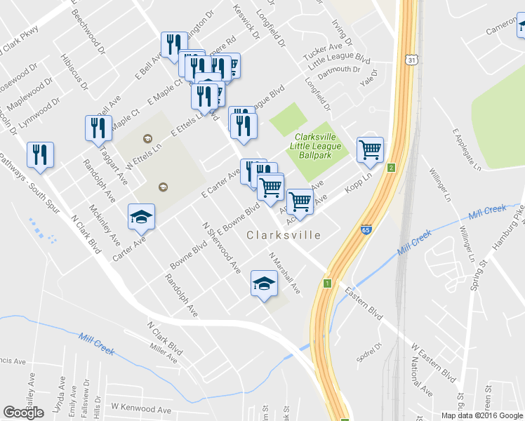 map of restaurants, bars, coffee shops, grocery stores, and more near 555 Eastern Blvd in Clarksville