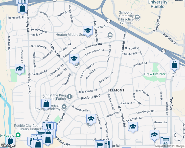 map of restaurants, bars, coffee shops, grocery stores, and more near 38-42 Dundee Lane in Pueblo
