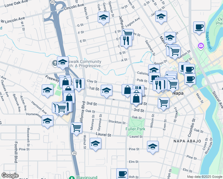 map of restaurants, bars, coffee shops, grocery stores, and more near 2126 1st Street in Napa