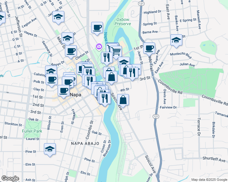 map of restaurants, bars, coffee shops, grocery stores, and more near in Napa