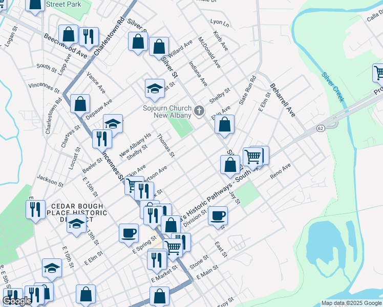 map of restaurants, bars, coffee shops, grocery stores, and more near 1920 Culbertson Avenue in New Albany