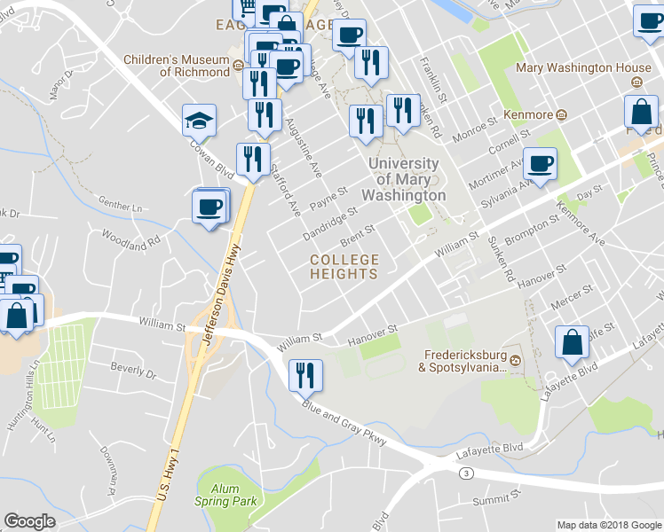 map of restaurants, bars, coffee shops, grocery stores, and more near 1205 Stafford Avenue in Fredericksburg